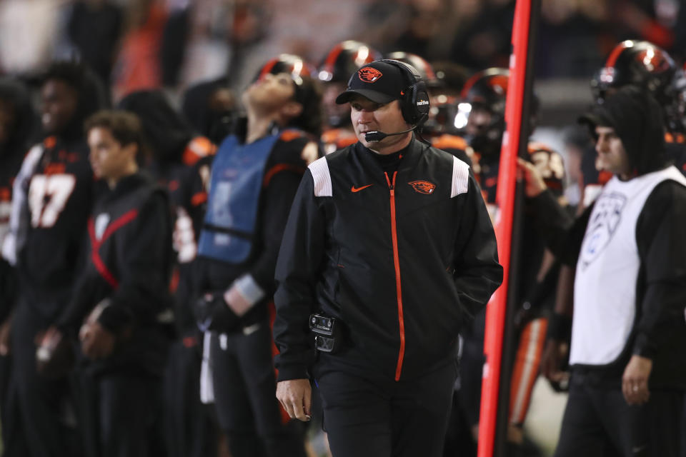 Oregon State head coach Jonathan Smith looks on during the second half of an NCAA college football game against Colorado on Saturday, Oct. 22, 2022, in Corvallis, Ore. (AP Photo/Amanda Loman)