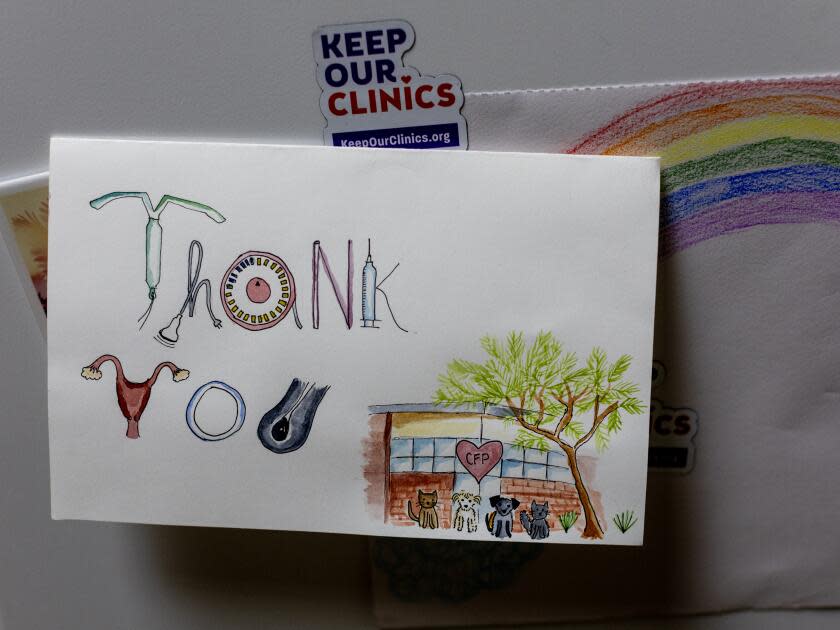 A Thank You card hangs on the refrigerator in the beak room at Camelback Family Planning on April 17, 2024