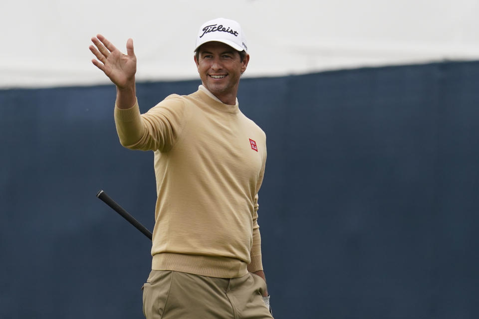 Adam Scott, of Australia, gestures toward the 15th fairway during practice for the PGA Championship golf tournament at TPC Harding Park in San Francisco, Tuesday, Aug. 4, 2020. (AP Photo/Jeff Chiu)