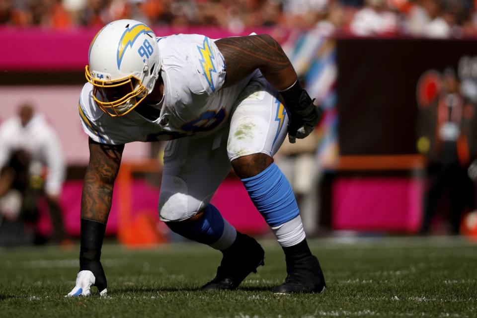 Chargers defensive tackle Austin Johnson lines up against the Cleveland Browns on Oct. 9.