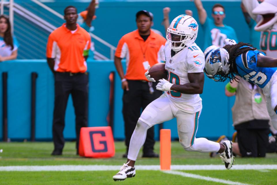 Tyreek Hill performed his viral backflip after scoring on this touchdown pass against the Panthers on Oct. 15.