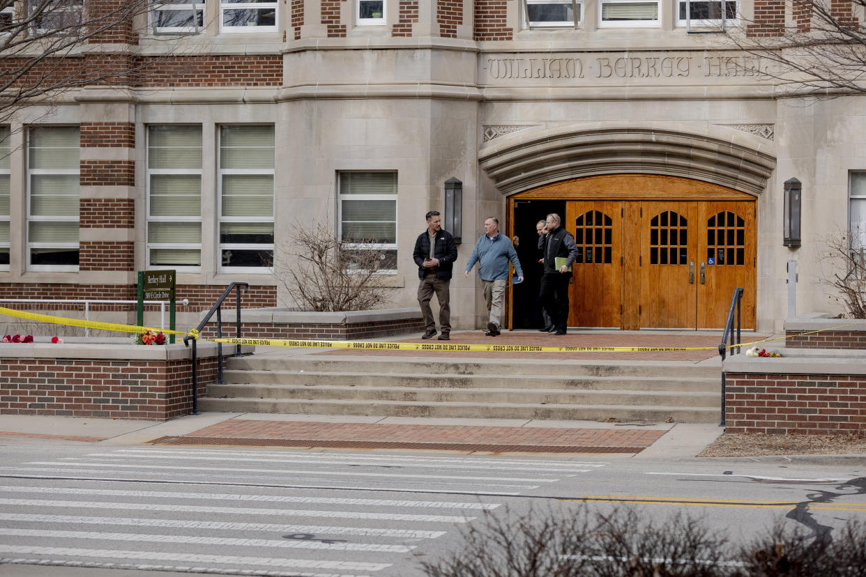 Investigators leave the scene of a shooting at Berkey Hall at Michigan State University in Lansing, Mich. (Sylvia Jarrus for NBC News)