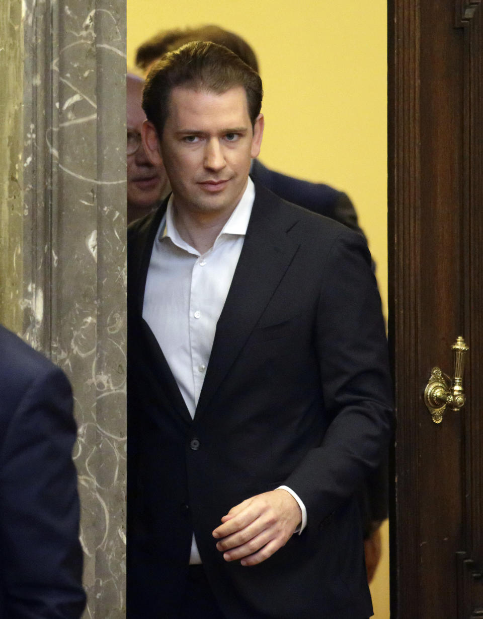 Former Austrian Chancellor Sebastian Kurz appears at court on the first day of his trial in Vienna, Austria, Wednesday, Oct. 18, 2023. Kurz is charged with having allegedly making false statements to a parliamentary inquiry into alleged corruption in his first government. (AP Photo/Heinz-Peter Bader)