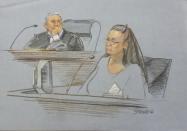 Rowan County clerk Kim Davis (R) is shown in this courtroom sketch during her contempt of court hearing for her refusal to issue marriage certificates to same-sex couples, at the United States District Court in Ashland, Kentucky, September 3, 2015. REUTERS/Marlene Steele