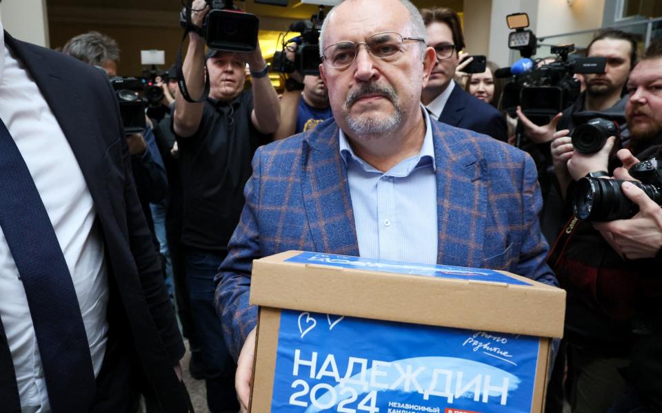 Boris Nadezhdin, the Civic Initiative Party presidential hopeful, arrives at the Central Election Commission to submit signatures collected in support of his candidacy,