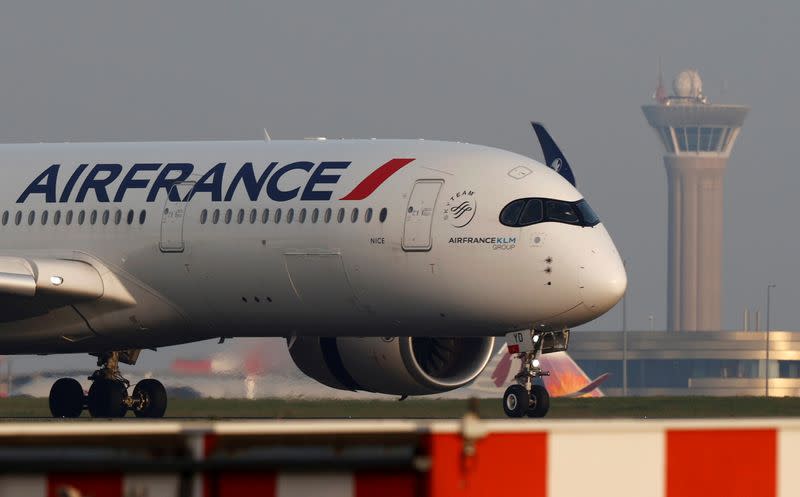 FILE PHOTO: An Air France airplane lands at the Charles-de-Gaulle airport in Roissy