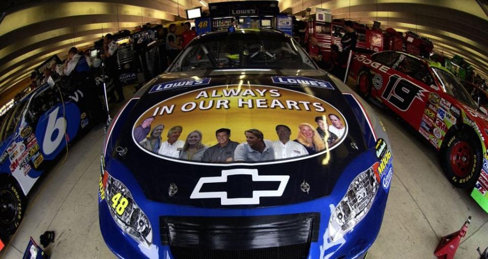 The Always in our Hearts tribute to the 10 Hendrick Motorsports employees who were lost in a 2004 airplane accident near Martinsville Speedway. Here, the tribute logo is shown on the hood of Jimmie Johnson\