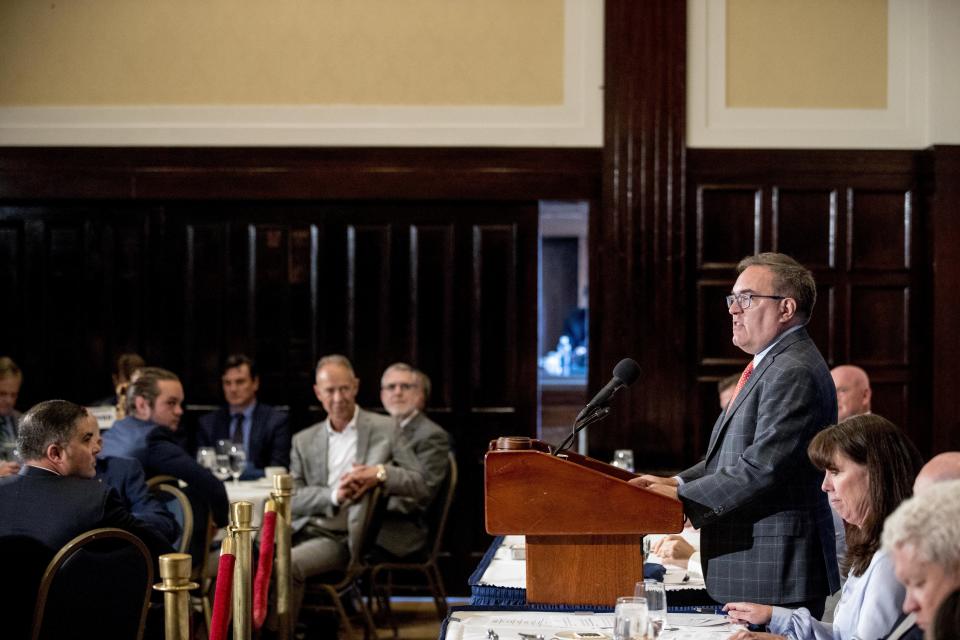 Environmental Protection Agency Administrator Andrew Wheeler speaks at the National Press Club in Washington, Monday, June 3, 2019. The Food and Drug Administration's first broad testing of food for a worrisome class of nonstick, stain-resistant industrial compounds found high levels in some grocery store meats and seafood and in off-the-shelf chocolate cake. (AP Photo/Andrew Harnik)