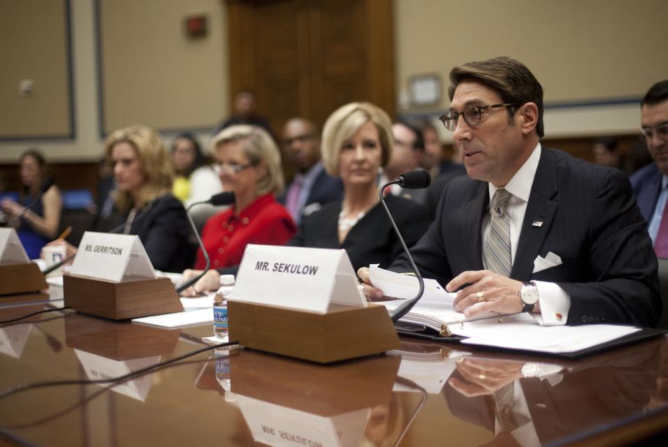 Jay Sekulow, far right, Chief Counsel American Center for Law and Justice, testifies at the House subcommittee on Economic Growth subcommittee's hearing on Capitol Hill in Washington, Feb. 6, 2014, to investigate the Justice Department's investigation into the IRS abuse scandal.