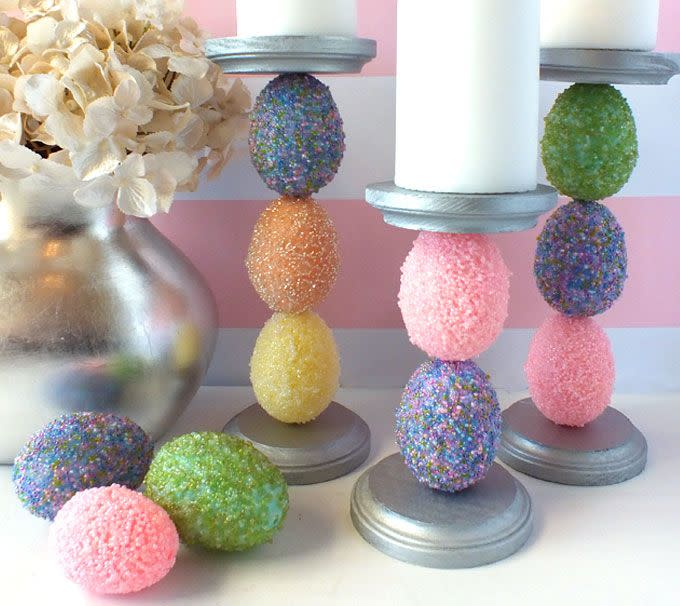 <p>Not only can you decorate the eggs however you choose, but you can also customize the color of the candle and base. Choose to go monochrome or go all out!</p><p><strong>See more at <a href="https://www.twosisterscrafting.com/easter-egg-candle-holder/" rel="nofollow noopener" target="_blank" data-ylk="slk:Two Sisters" class="link ">Two Sisters</a>. </strong> </p>