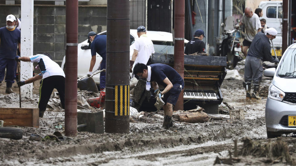 A flood-damaged town in Hitoyoshi City, Kumamoto Prefecture.