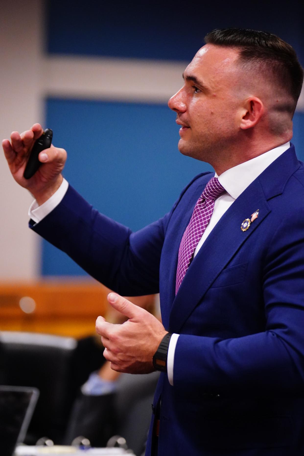 Fulton County assistant prosecutor Will Wooten speaks during a hearing in Superior Court of Fulton County before Judge Scott McAfee in Courtroom 5A in the case of State of Georgia v. Donald Trump.