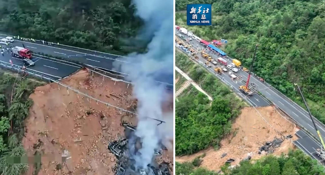 The collapsed highway in Meizhou. Source: Weibo/ Xinhua