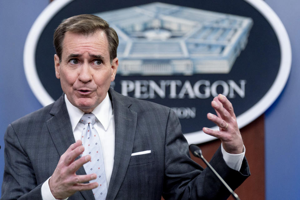 FILE - Pentagon spokesman John Kirby speaks during a briefing at the Pentagon in Washington, on Feb. 2, 2022. Russian President Vladimir Putin's war in Ukraine and his push to upend the broader security order in Europe may signal a historic shift in American thinking about defense of the continent. Depending on how far Putin goes, this could mean a buildup of U.S. military power in Europe not seen since the Cold War. (AP Photo/Andrew Harnik, File)
