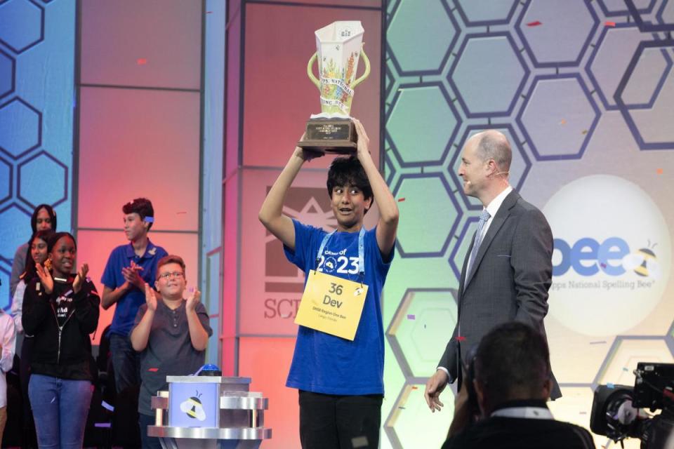 Dev Shah, a 14-year-old boy from Florida, won the 2023 Scripps National Spelling Bee. <i>(Image: Getty)</i>