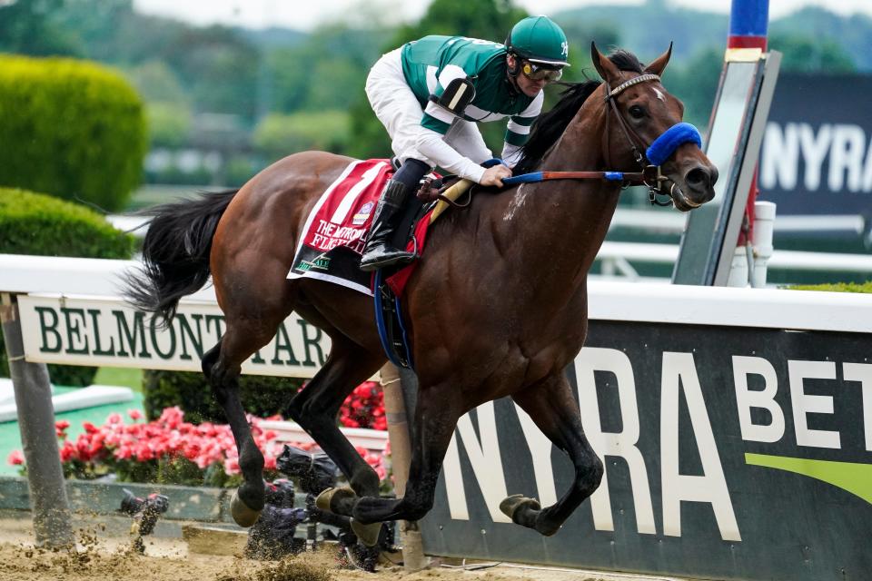 Flightline, jockey Flavien Prat up, wins The Hill 'N' Dale Metropolitan horse race before the 154th running of the Belmont Stakes horse race, Saturday, June 11, 2022.