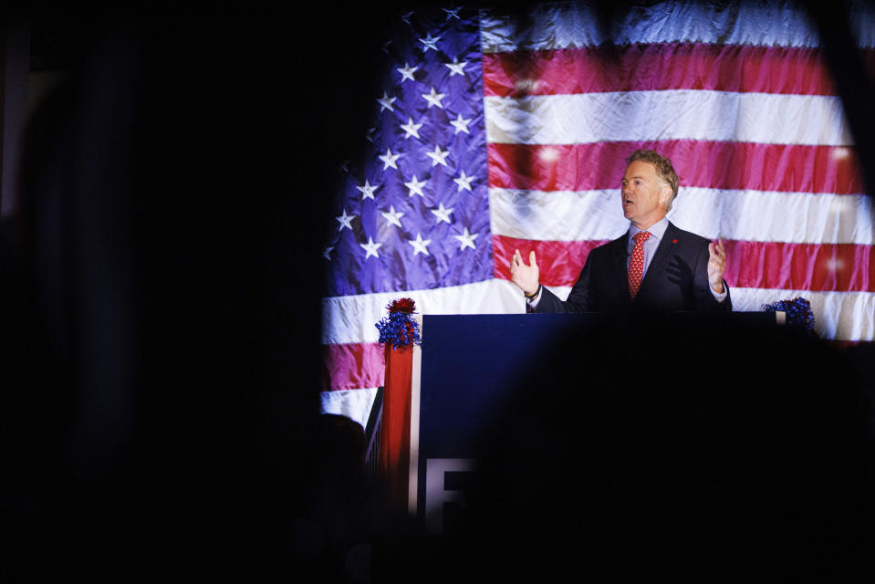 Sen. Rand Paul, R-Ky, gives a victory speech at the Bowling Green Country Club after defeating Charles Booker for U.S. Senate in Bowling Green, Ky., Tuesday, Nov. 8, 2022. (AP Photo/Michael Clubb)