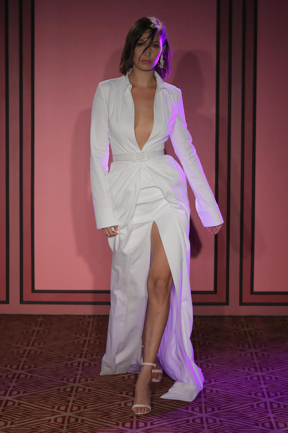 Bella Hadid walking the Brandon Maxwell runway. 