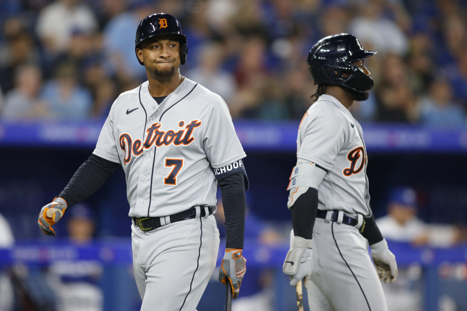 Detroit Tigers' Jonathan Schoop (7) walks to the dugout after getting called out on strikes in eighth-inning baseball game action against the Toronto Blue Jays in Toronto, Thursday, April 13, 2023. (Cole Burston/The Canadian Press via AP)