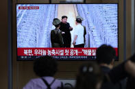 A TV screen shows an image of North Korean leader Kim Jong Un during a news program at the Seoul Railway Station in Seoul, South Korea, Friday, Sept. 13, 2024. The letters read, "North Korea, unveiling the uranium enrichment facility for the first time." (AP Photo/Lee Jin-man)