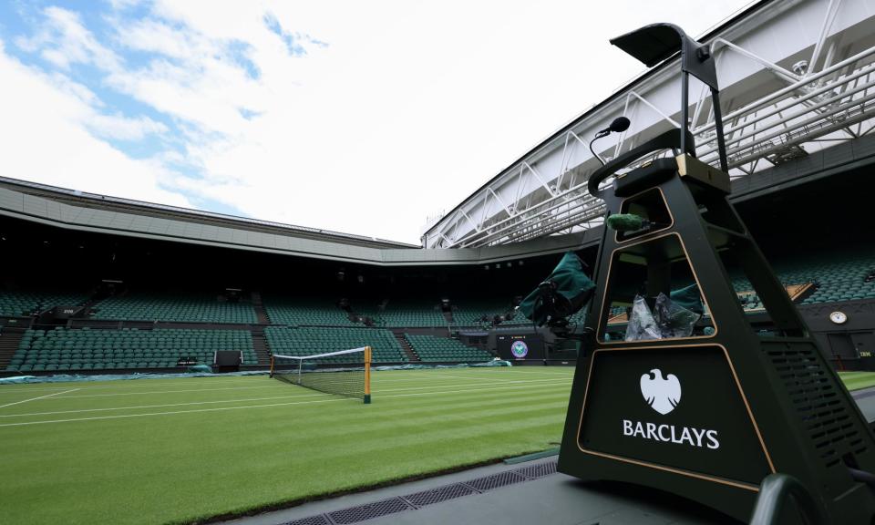 <span>The Barclays logo on an umpire’s chair on Centre Court at Wimbledon last year.</span><span>Photograph: Action Plus Sports Images/Alamy</span>