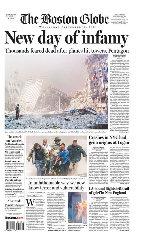 <p>"New day of infamy: Thousands feared dead after planes hit towers, Pentagon"</p>