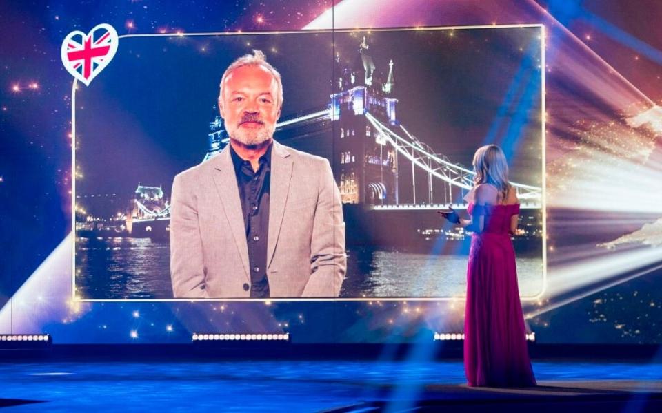 Host Chantal Janzen talks to Graham Norton during the Eurovision's Europe Shine A Light remote television show, in Hilversum, Netherlands - EBU/NPO/NOS/AVROTROS