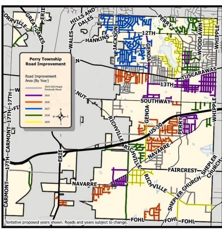 Perry Township voters will see a road levy request on the March election ballot that seeks to replace an existing 1-mill levy and to increase it by 6.8 mills for paving, snow removal and drainage projects. The road department estimates it could pave 100 miles of road within five years with the new funds.