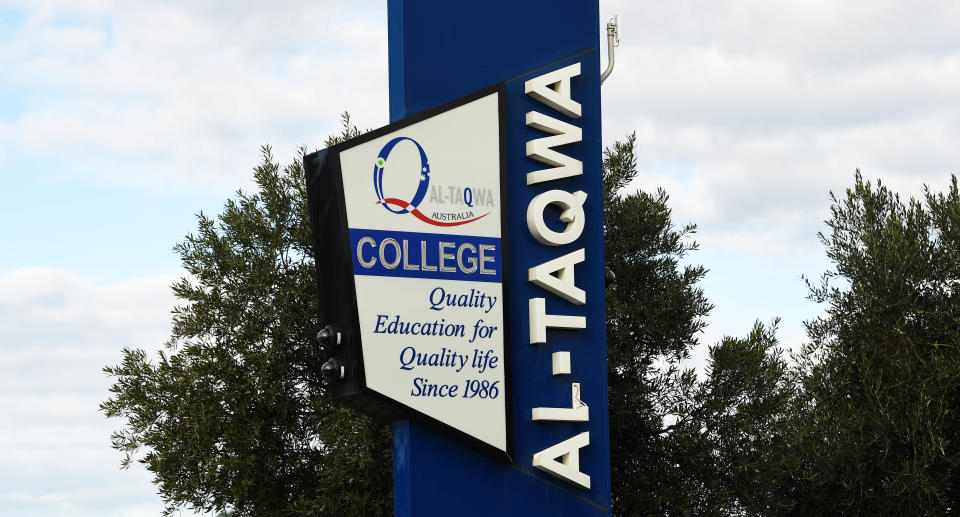 General view of Signage for Al-Taqwa College in Truganina, Melbourne, Thursday, July 16, 2020. Source: AAP