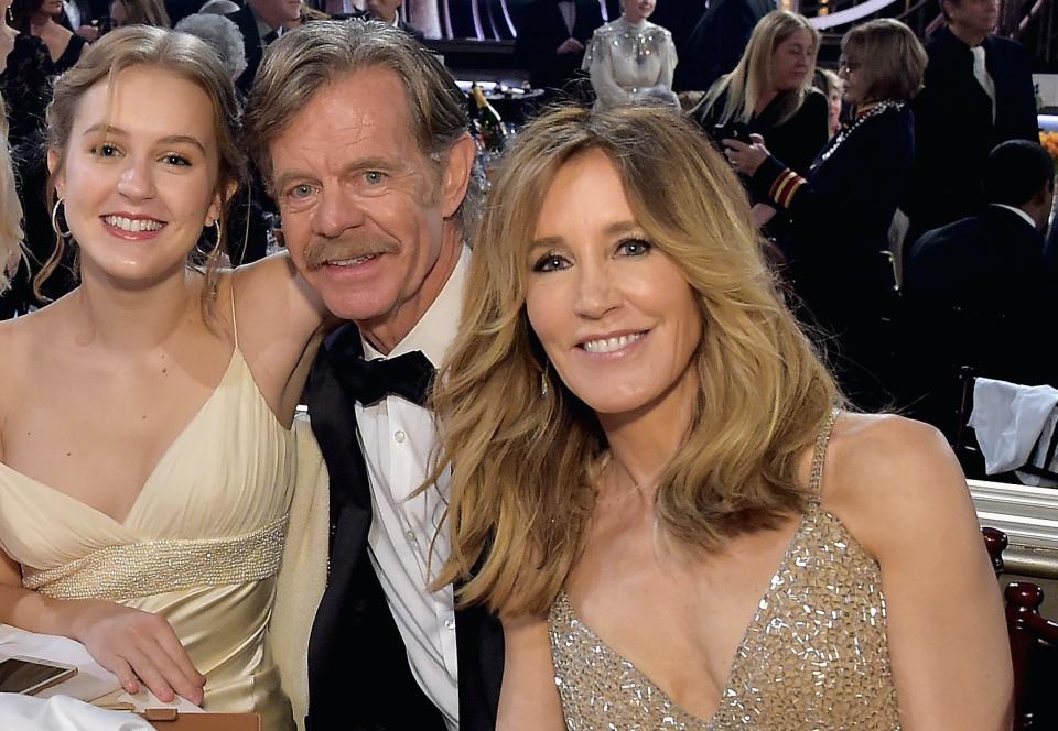Sophia Macy with her parents, William H. Macy and Felicity Huffman at the 2019 Golden Globes. Two months later, Huffman was arrested in the college admissions scandal. (Photo: Getty Images)