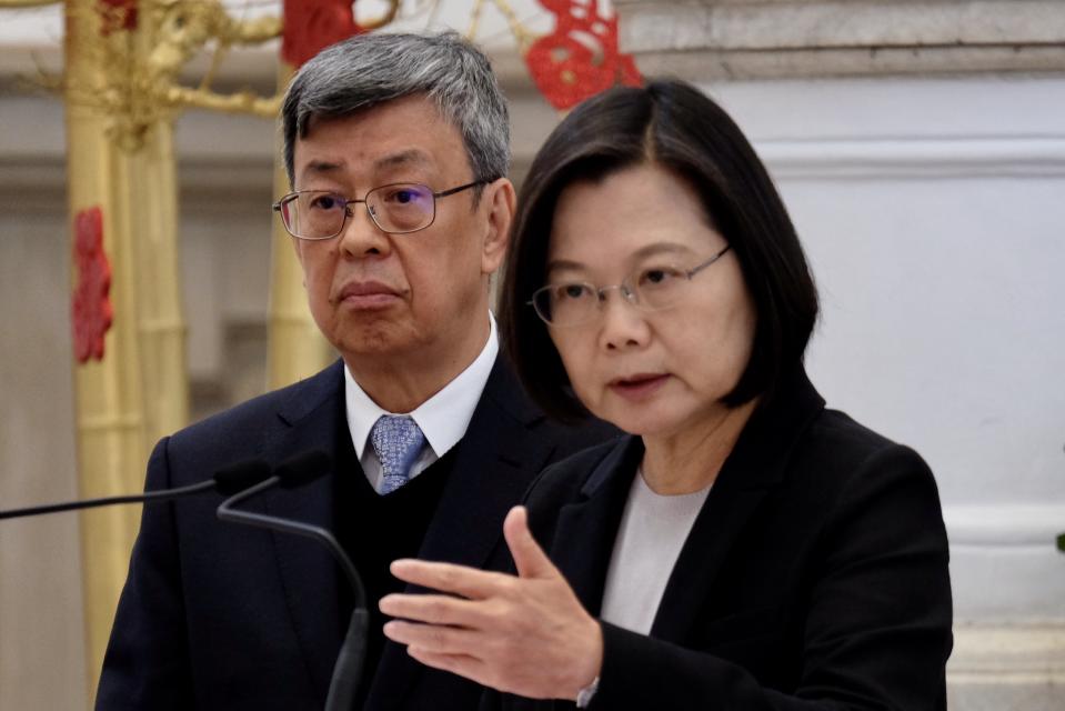 Taiwan President Tsai Ing-wen speaks during a press conference at the presidential office as Vice President Chen Chien-jen looks on in in Taipei on January 22, 2020. (Photo by Sam Yeh / AFP) (Photo by SAM YEH/AFP via Getty Images)