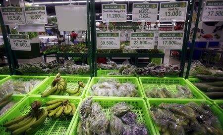 Fruits and vegetables are displayed for sale at a V+ supermarket in Hanoi, Vietnam June 29, 2015. REUTERS/Kham