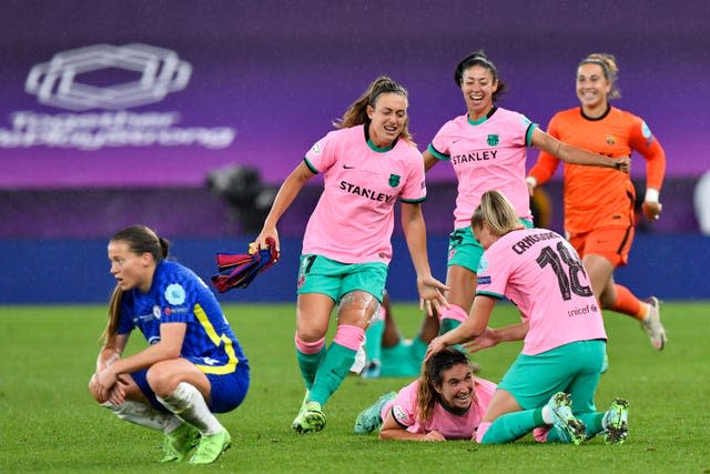 Barcelona celebrate at the final whistle after winning the Champions League final