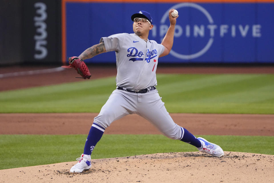 FLUSHING, NY - JULY 14: Los Angeles Dodgers Pitcher Julio Urias (7) delivers a pitch during the first inning of the MLB game between the Los Angels Dodgers and New York Mets on July 14, 2023, at Citi Field in Flushing, NY. (Photo by Gregory Fisher/Icon Sportswire via Getty Images)