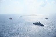 Turkish seismic research vessel Oruc Reis is escorted by Turkish Navy ships as it sets sail in the Mediterranean Sea