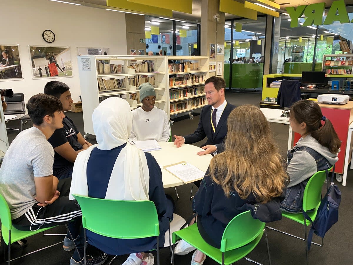 Stephen Morgan MP, Labour’s shadow schools minister, speaks to students at Westminster Academy (Claudia Rowan/PA) (PA Wire)