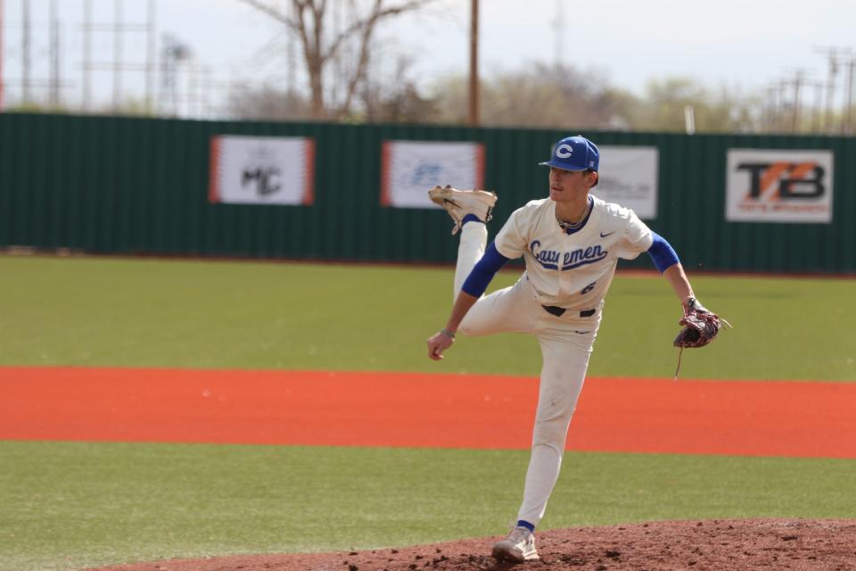 Carlsbad's Hazen Wright fires a pitch against Roswell Goddard on March 21, 2024 during the opening round of the Artesia Baseball Tournament.