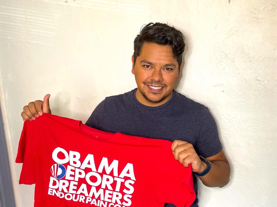 DACA recipient Juan Gallegos, who lives in Denver, has protested the lack of protection for undocumented young people, including handing out T-shirts that read, "OBAMA DEPORTS DREAMERS."
