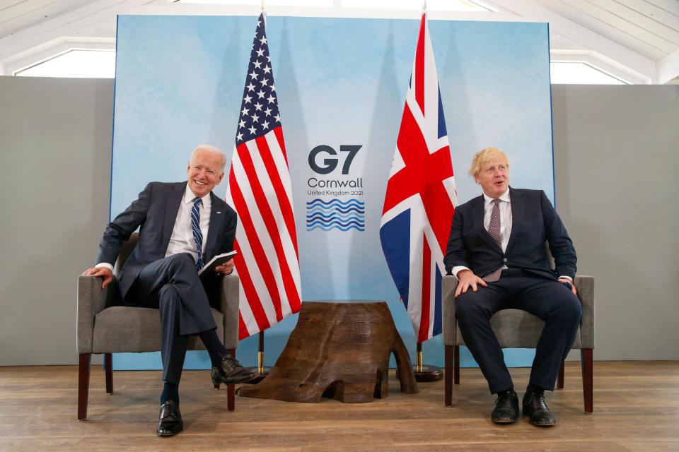 President Joe Biden reacts during a bilateral meeting with   U.K. Prime Minster Boris Johnson in Carbis Bay, England, on June 10, 2021. / Credit: Hollie Adams/Bloomberg/Getty