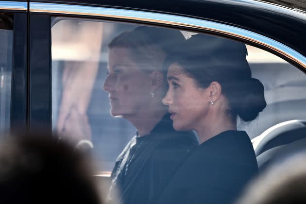 Sophie, Countess of Wessex and Meghan, Duchess of Sussex are driven behind the coffin of Queen Elizabeth II. (Photo: MARCO BERTORELLO via Getty Images)