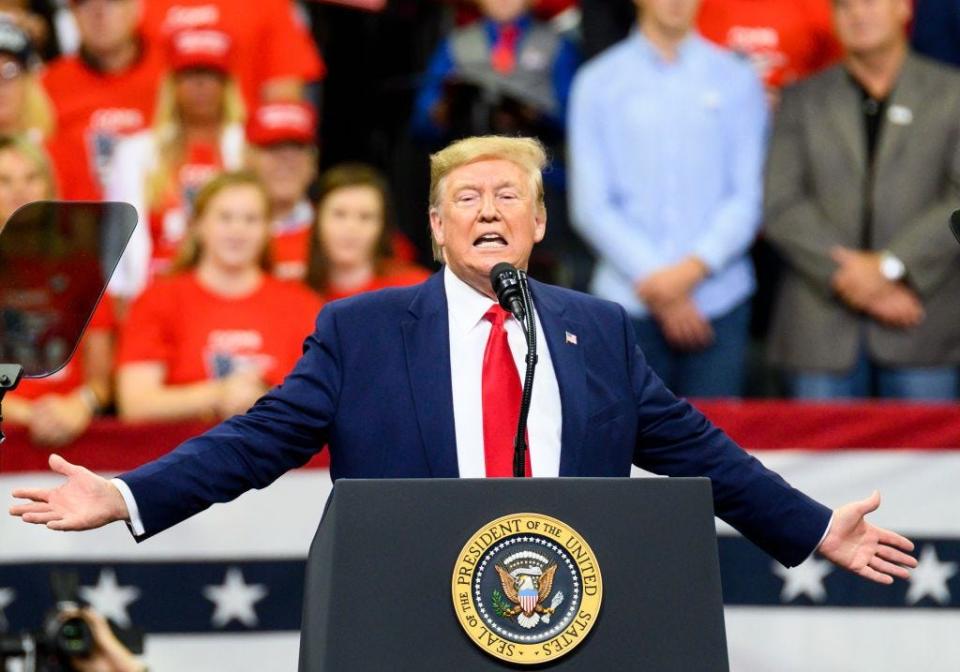 President Donald Trump speaks on stage during a campaign rally at the Target Center on Oct. 10, 2019 in Minneapolis.