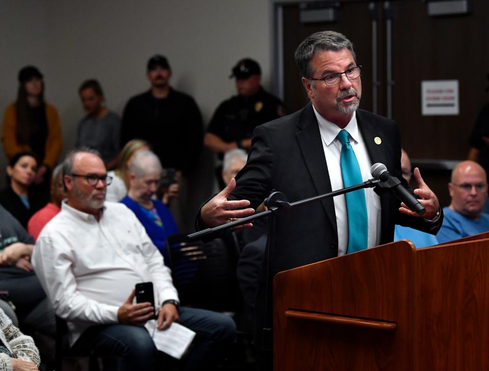 Pastor Scott Beard listens as state State Sen. Charles Perry, who represents District 28 and a greater share of the Big Country, speaks to the Abilene City Council for an ordinance that would make Abilene a "sanctuary city for the unborn."