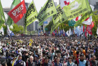 Members of the Korean Confederation of Trade Unions gather to attend a rally on May Day in Seoul, South Korea, Wednesday, May 1, 2024. (AP Photo/Ahn Young-joon)