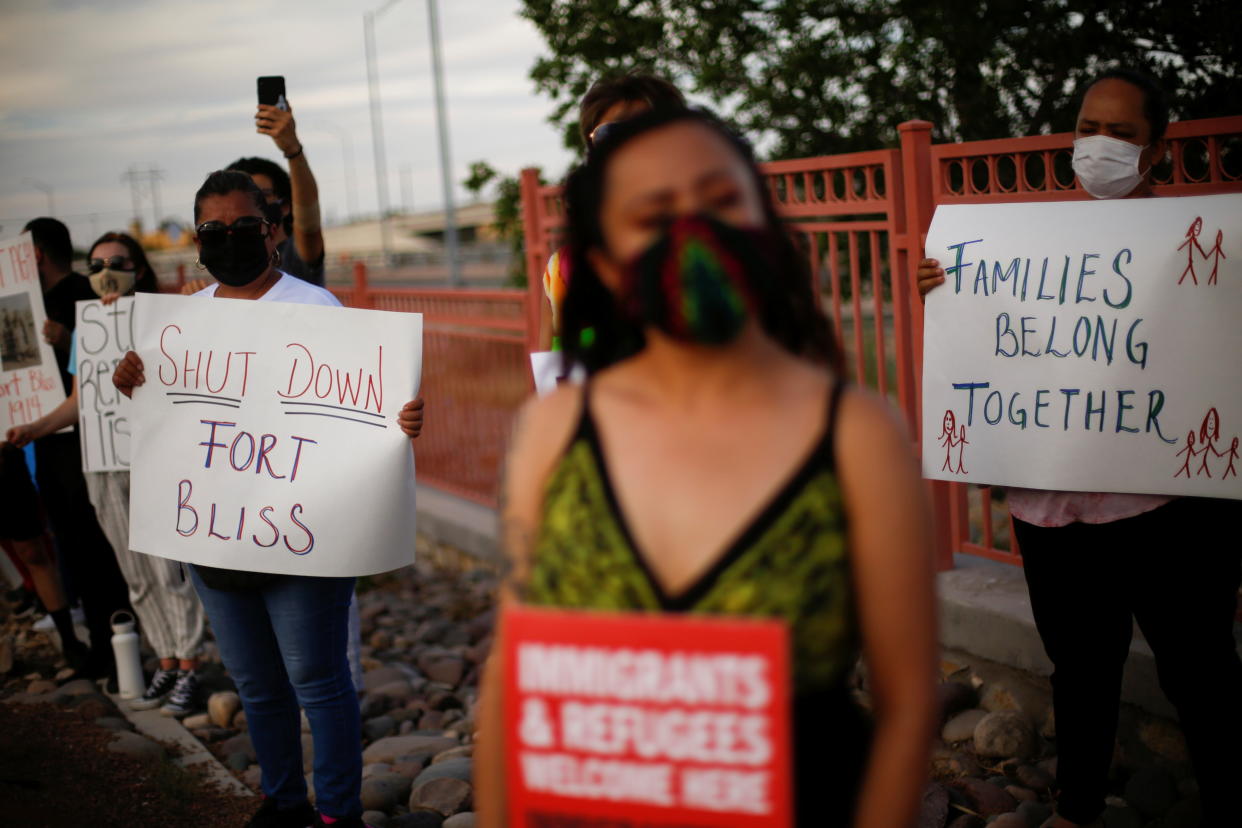 Activists defending the rights of migrants hold a protest near Fort Bliss to call for the end of the detention of unaccompanied minors at the facility in El Paso, Texas on June 8, 2021. (Jose Luis Gonzalez/Reuters)