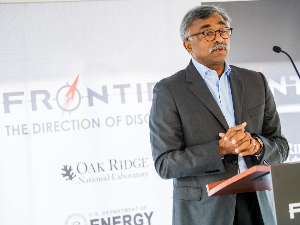 Oak Ridge National Laboratory Director Thomas Zacharia speaks during an announcement ceremony for the next-generation Frontier supercomputer at ORNL on Tuesday, May 7, 2019. 