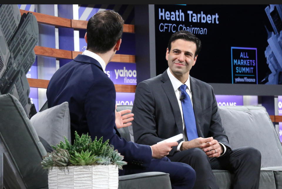 NEW YORK, NEW YORK - OCTOBER 10: Moderator Scott Gamm (L) and Under Secretary of the Treasury for International Affairs Heath Tarbert attend the Yahoo Finance All Markets Summit at Union West Events on October 10, 2019 in New York City. (Photo by Jim Spellman/Getty Images)