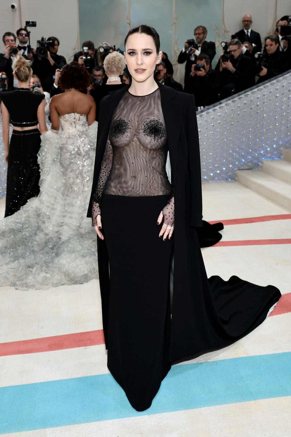 Rachel Brosnahan bared all in her sultry black number. Photo: Getty