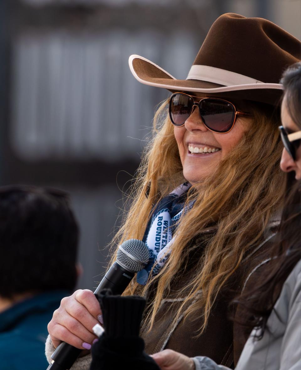 Picabo Street, former Olympian, commentates at a skijoring event, part of the Salt Lake Winter Roundup, on West Temple in downtown Salt Lake City on Saturday, Feb. 10, 2024. | Megan Nielsen, Deseret News