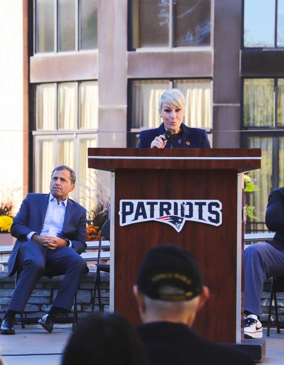 Taunton's new Veterans Service Director Ally Rodriguez, who has been on the job since April 2023, speaks at a WWII Memorial dedication ceremony at Patriot Place Plaza in Foxboro on Wednesday, Nov. 2, 2022.