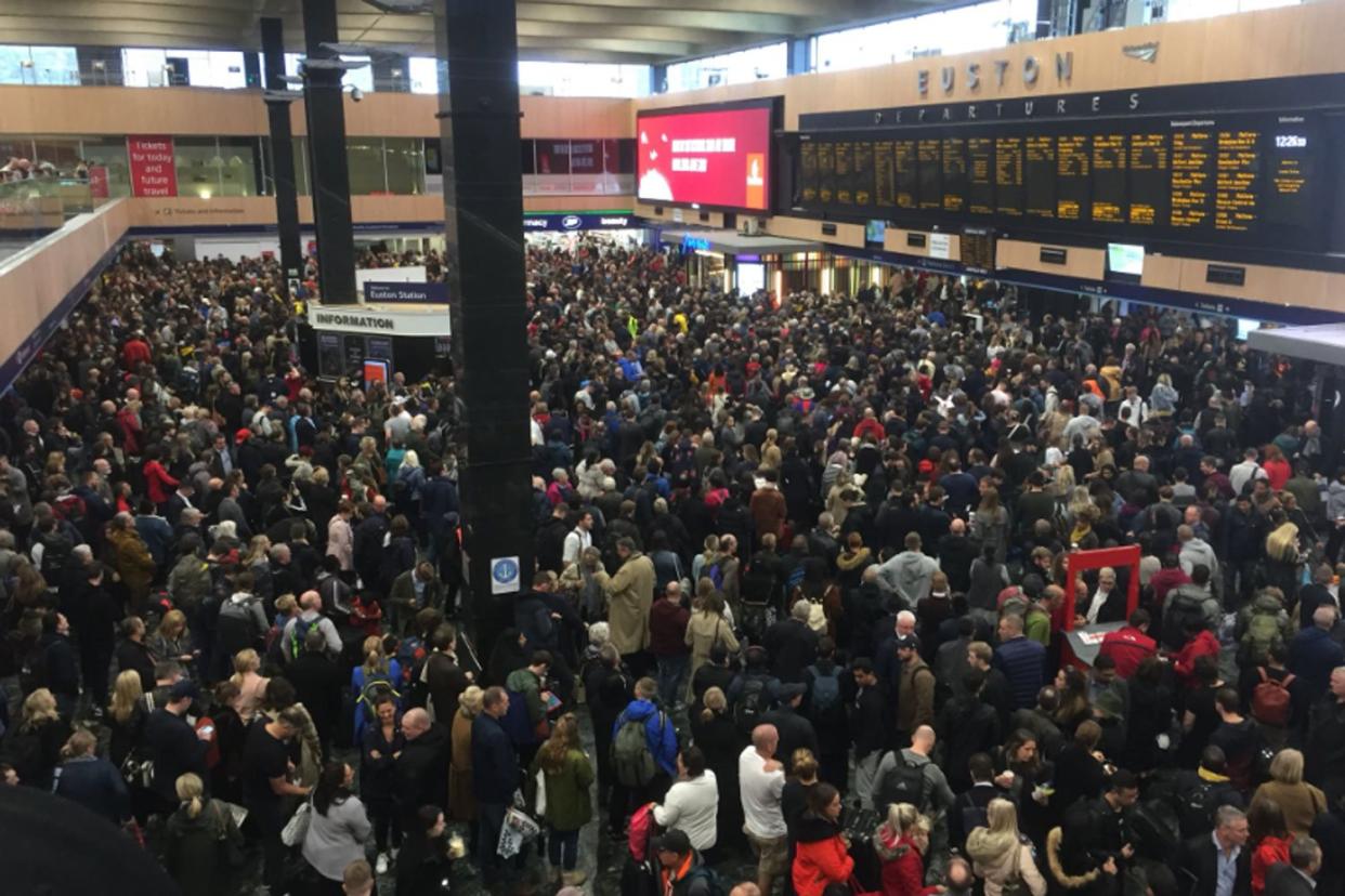 Chaotic scenes: The packed concourse at Euston station today: Twitter @jamesorharry